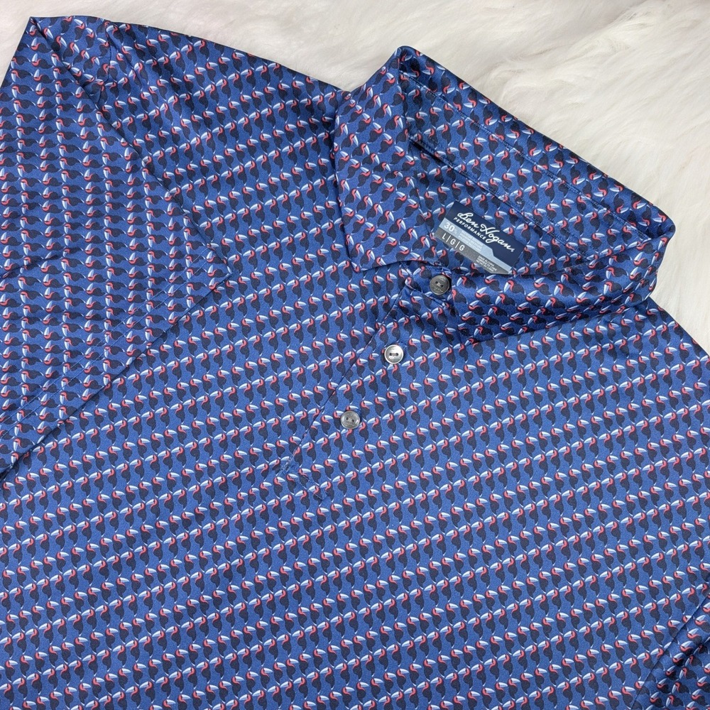Ben Hogan Performance Polo Men Large Blue Toucan Bird Print Short Sleeve Golf